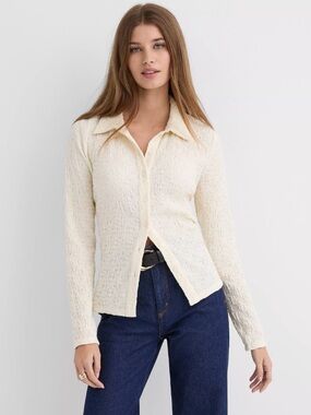 LOFT Cream Textured Button-Front Collared Top NWT